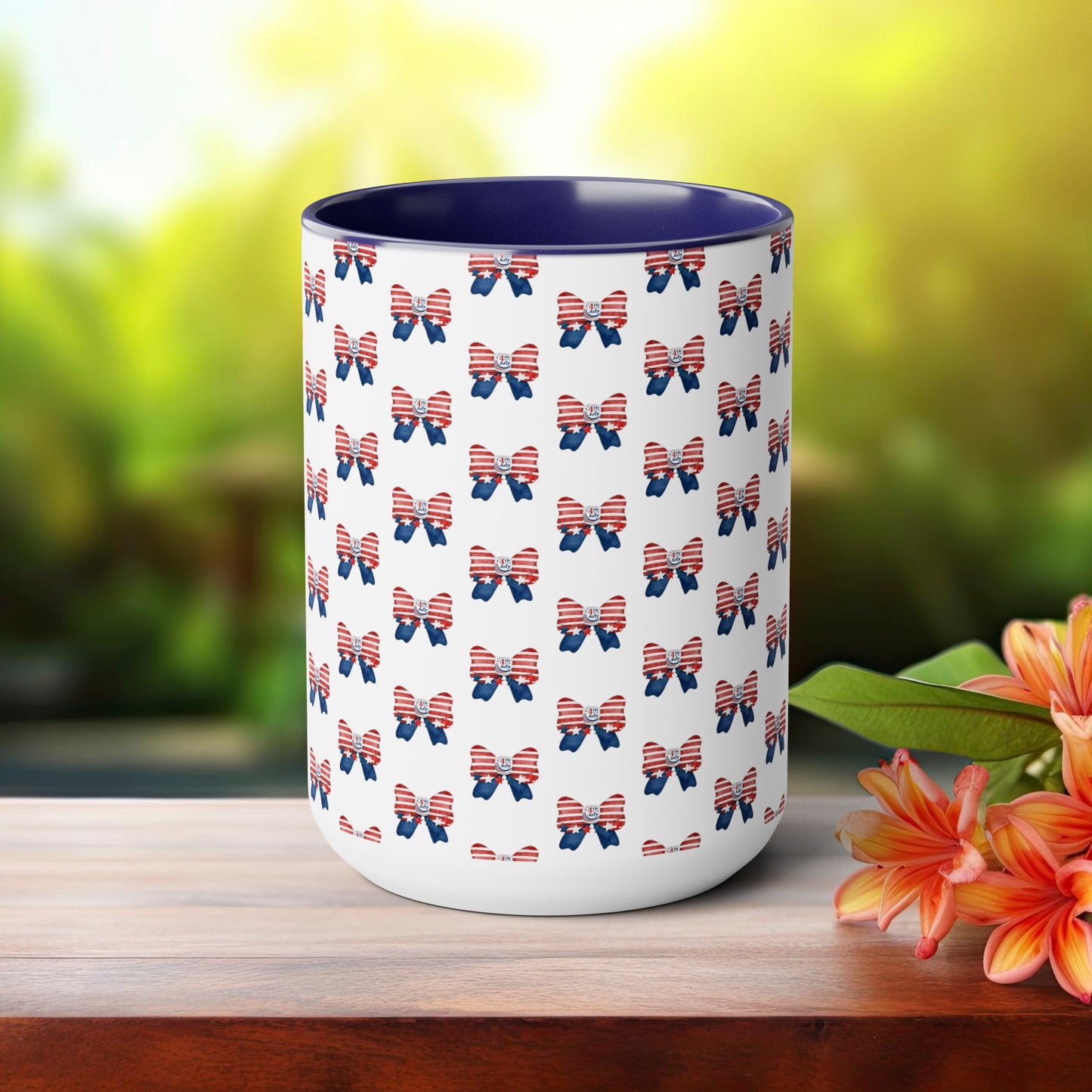Happy 4th Of July Two -Tone Coffee Mug.15oz.America, Flag, Peace Love America. Proud To Be An American, Red White Blue mug.