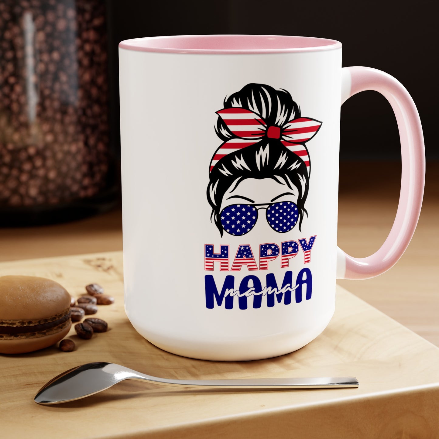 Happy 4th Of July Two -Tone Coffee Mug.15oz. Happy Independence Day Coffee Mug. America, Red White Blue, Flag,Peace Love America. Happy Mama.