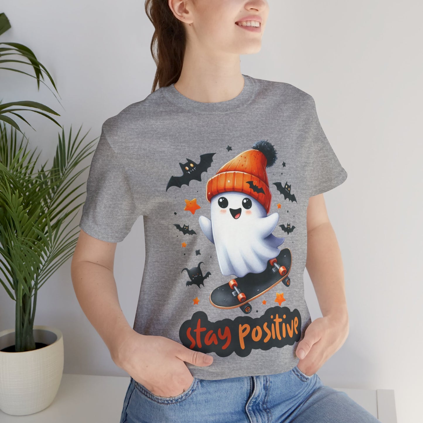 Stay Positive Cute Ghost T-shirt, Happy Halloween Skeleton T-shirt, Happy Halloween T-shirt, Trick Or Treat T-shirt, Halloween T-shirt, Cool Halloween T-shirt, Spooky T-shirt,