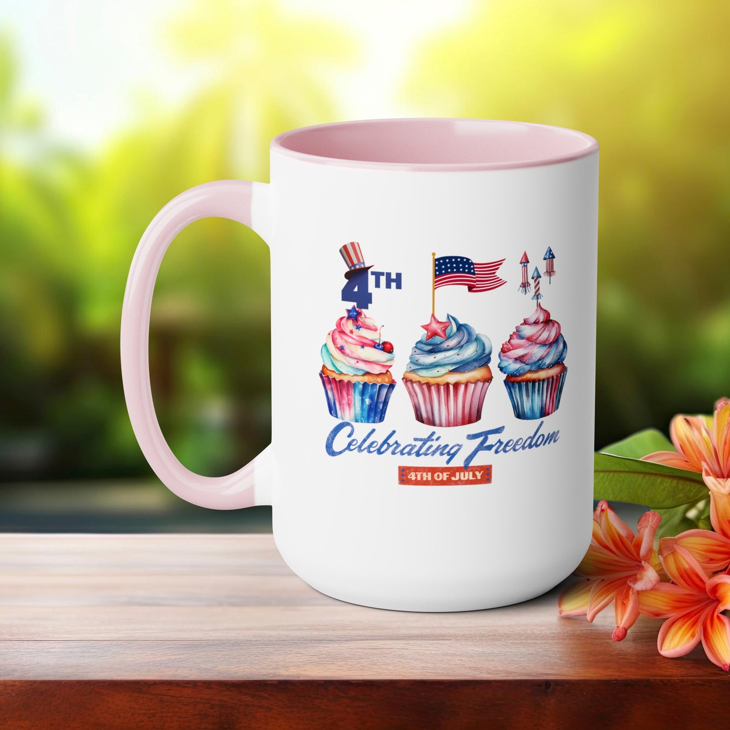 Happy 4th Of July Two -Tone Coffee Mug.15oz. Happy Independence Day Coffee Mug. America, Red White Blue, Flag,Peace Love America. Proud To Be An American