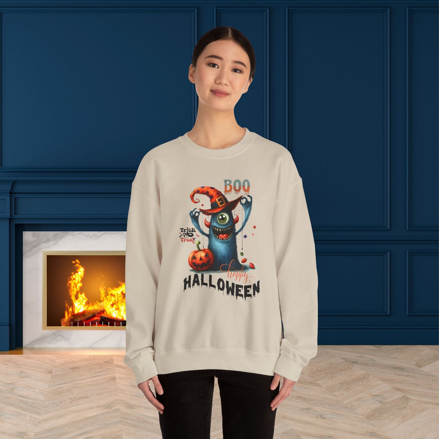 Boo Happy Halloween Sweatshirt, Happy Halloween Sweatshirt - Unisex Heavy Blend Crewneck, Halloween Sweatshirt, Cute Spooky Ghost sweatshirt.