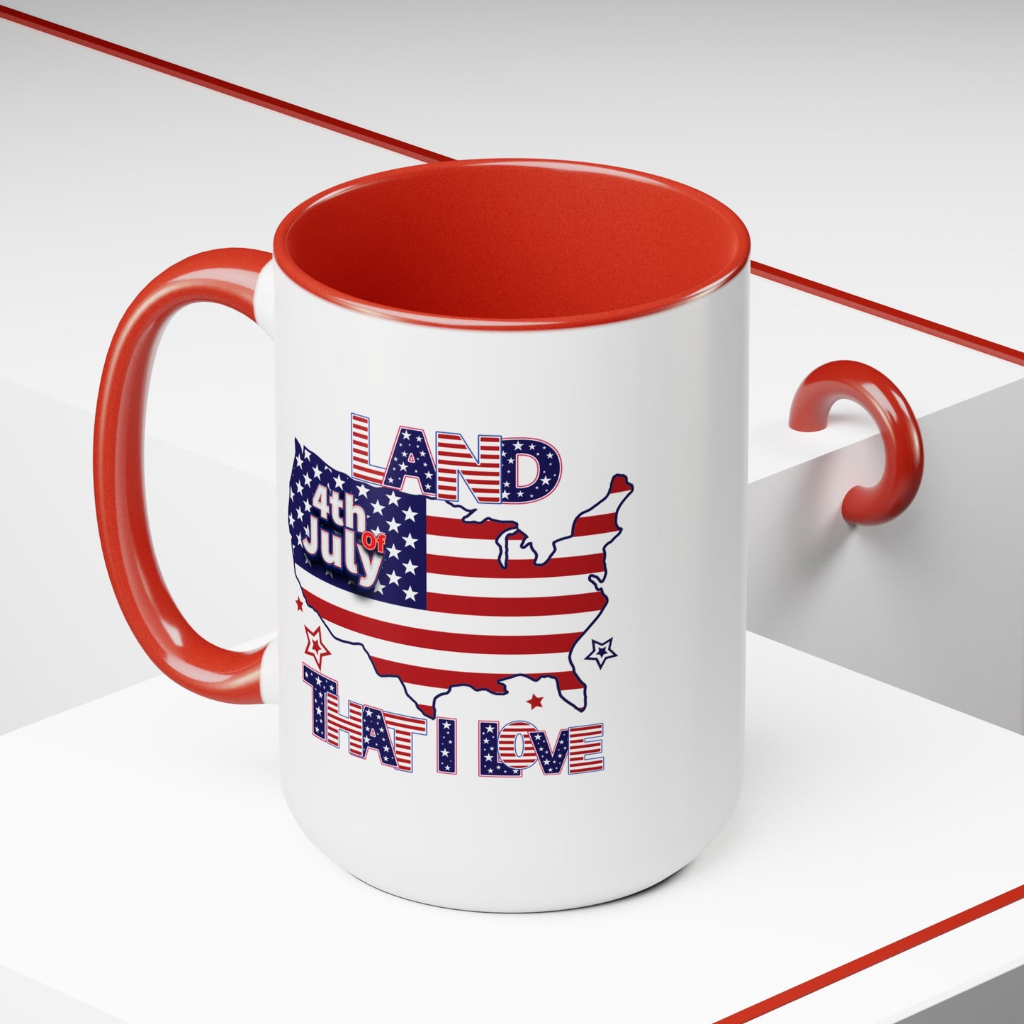 Happy 4th Of July Two -Tone Coffee Mug.15oz. Land That I Love Coffee Mug. America, Red White Blue, Flag,Peace Love America. Proud To Be An American