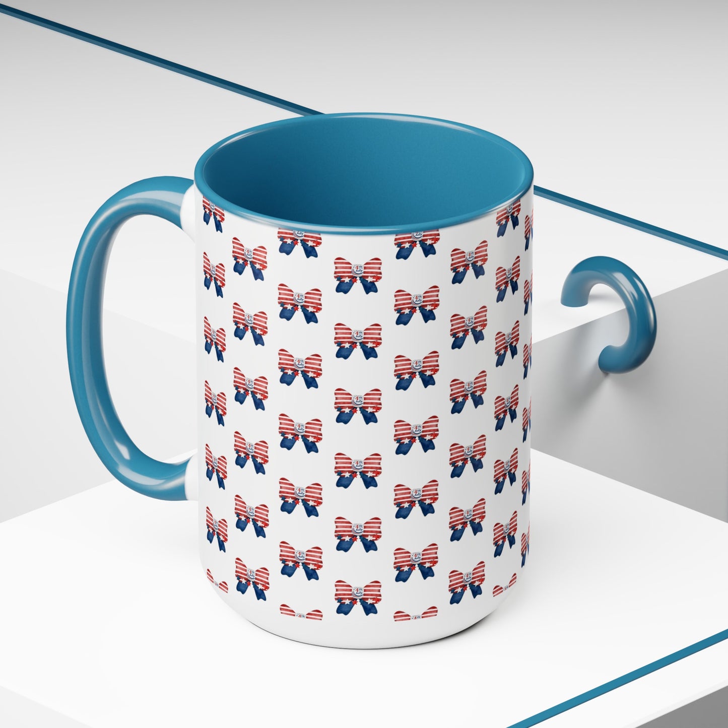 Happy 4th Of July Two -Tone Coffee Mug.15oz.America, Flag, Peace Love America. Proud To Be An American, Red White Blue mug.