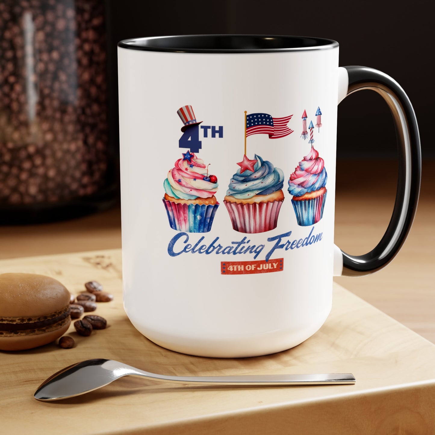 Happy 4th Of July Two -Tone Coffee Mug.15oz. Happy Independence Day Coffee Mug. America, Red White Blue, Flag,Peace Love America. Proud To Be An American