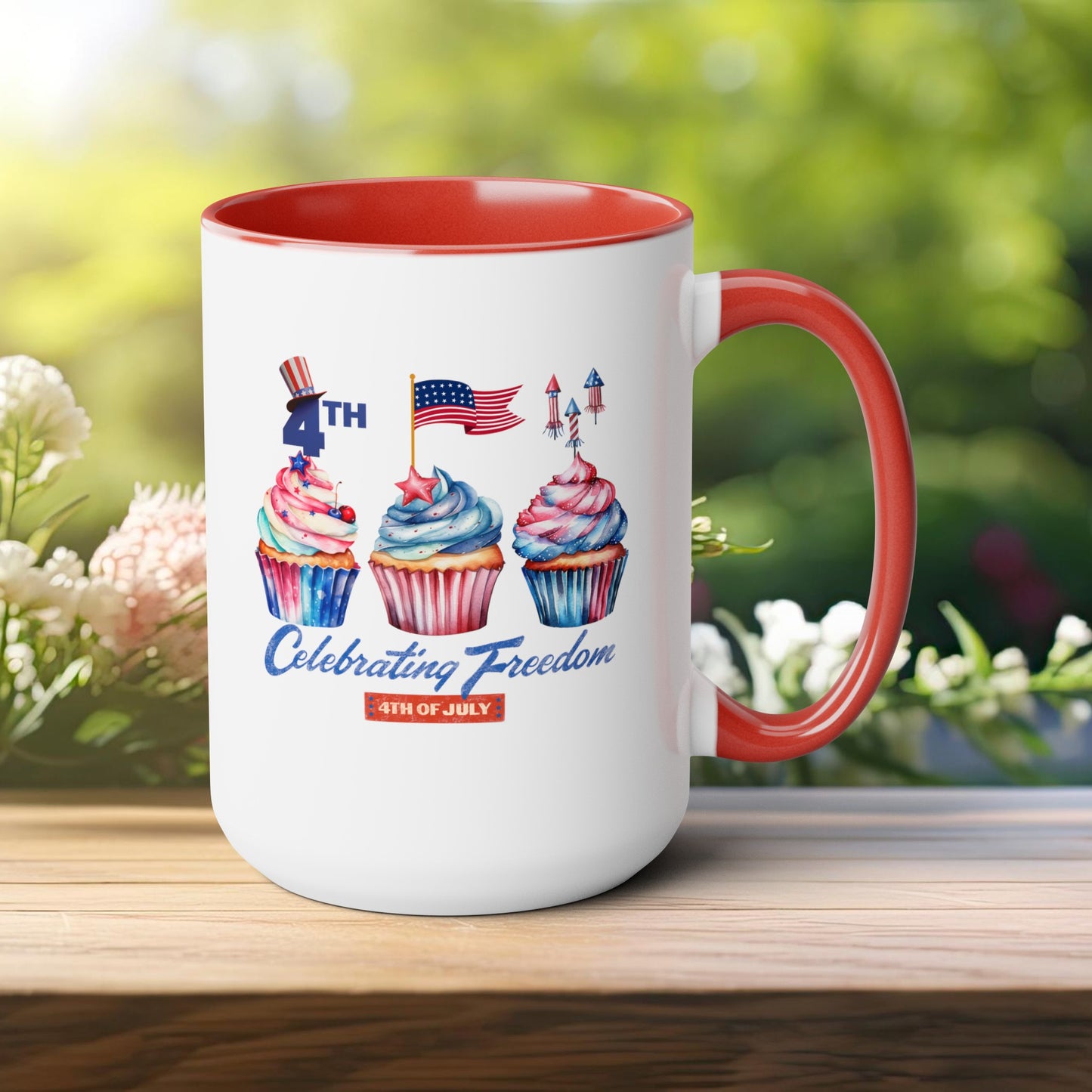 Happy 4th Of July Two -Tone Coffee Mug.15oz. Happy Independence Day Coffee Mug. America, Red White Blue, Flag,Peace Love America. Proud To Be An American