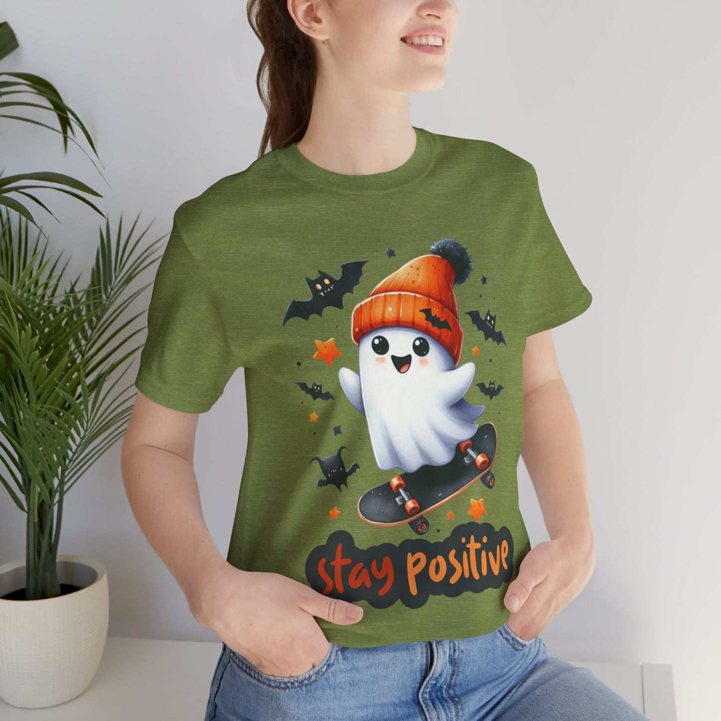Stay Positive Cute Ghost T-shirt, Happy Halloween Skeleton T-shirt, Happy Halloween T-shirt, Trick Or Treat T-shirt, Halloween T-shirt, Cool Halloween T-shirt, Spooky T-shirt,