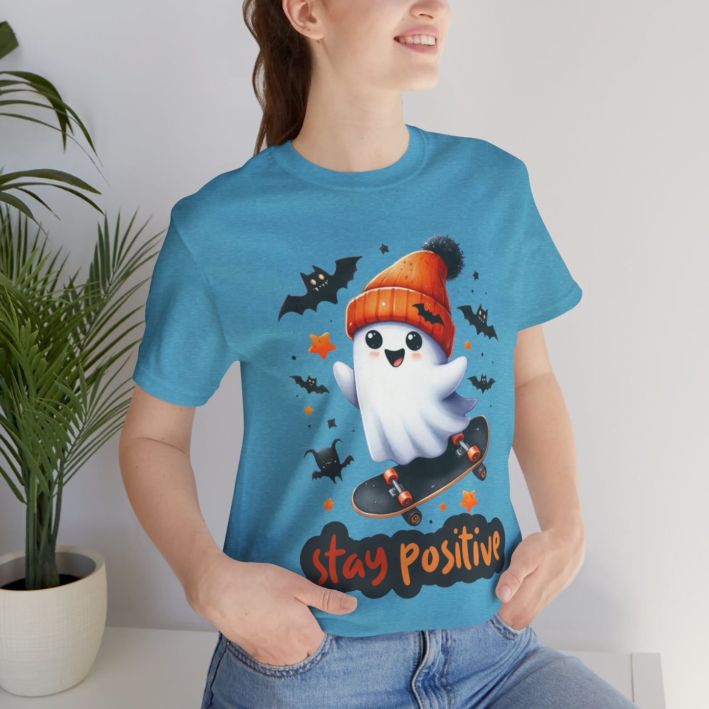 Stay Positive Cute Ghost T-shirt, Happy Halloween Skeleton T-shirt, Happy Halloween T-shirt, Trick Or Treat T-shirt, Halloween T-shirt, Cool Halloween T-shirt, Spooky T-shirt,