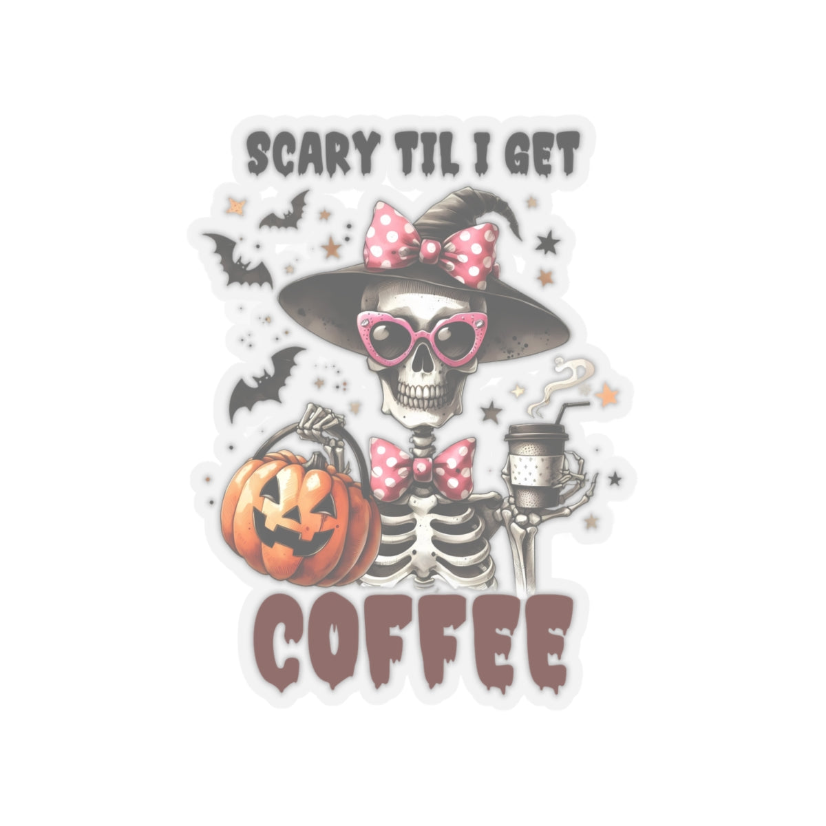 Scary Til I Get Coffee Halloween Kiss-Cut Stickers, Cute Skeleton Halloween Kiss-Cut Stickers, Happy Halloween Kiss-Cut Stickers, Spooky Season Kiss-Cut Stickers, Trick Or Treat Halloween Kiss-Cut Stickers.