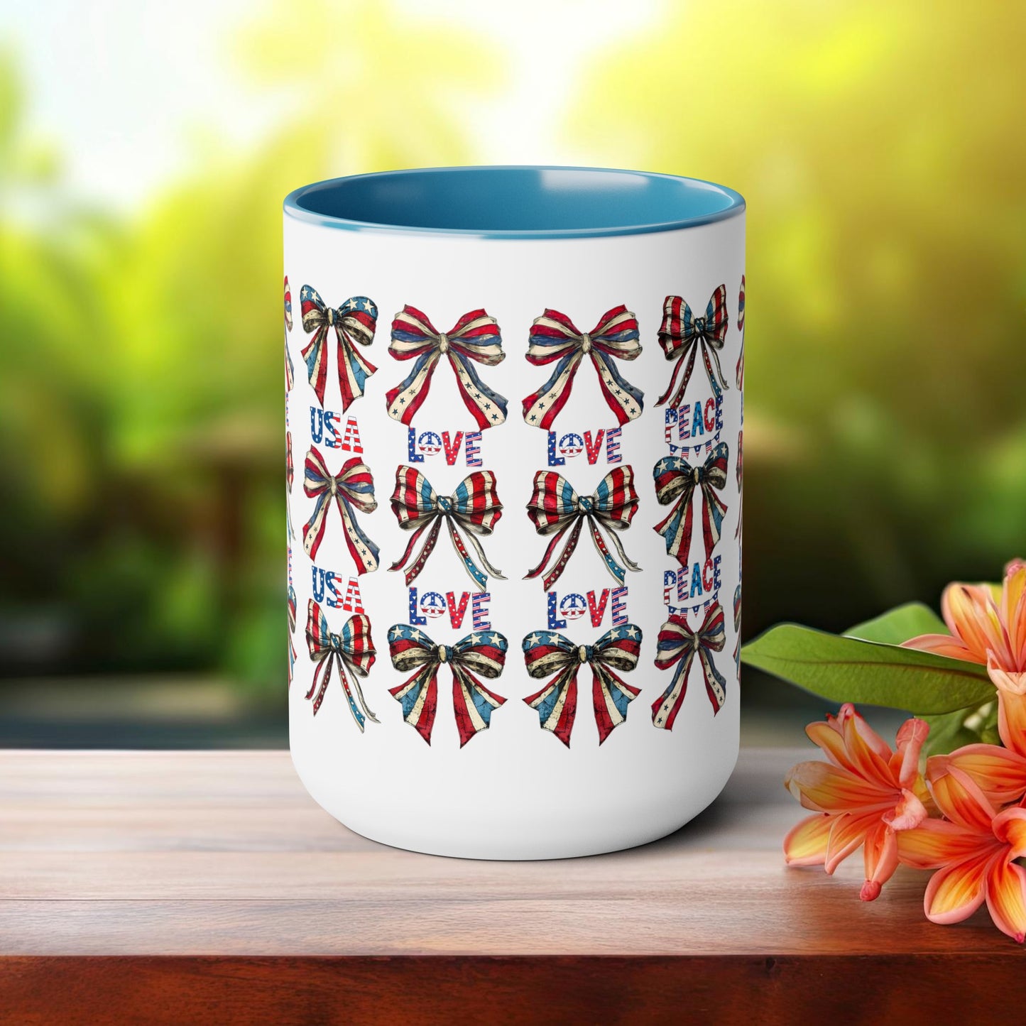 Happy 4th Of July Two -Tone Coffee Mug.15oz. Independence Day Coffee Mug. Love Peace USA.