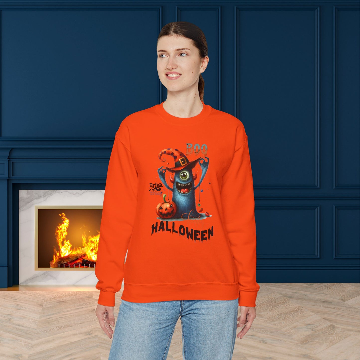 Boo Happy Halloween Sweatshirt, Happy Halloween Sweatshirt - Unisex Heavy Blend Crewneck, Halloween Sweatshirt, Cute Spooky Ghost sweatshirt.
