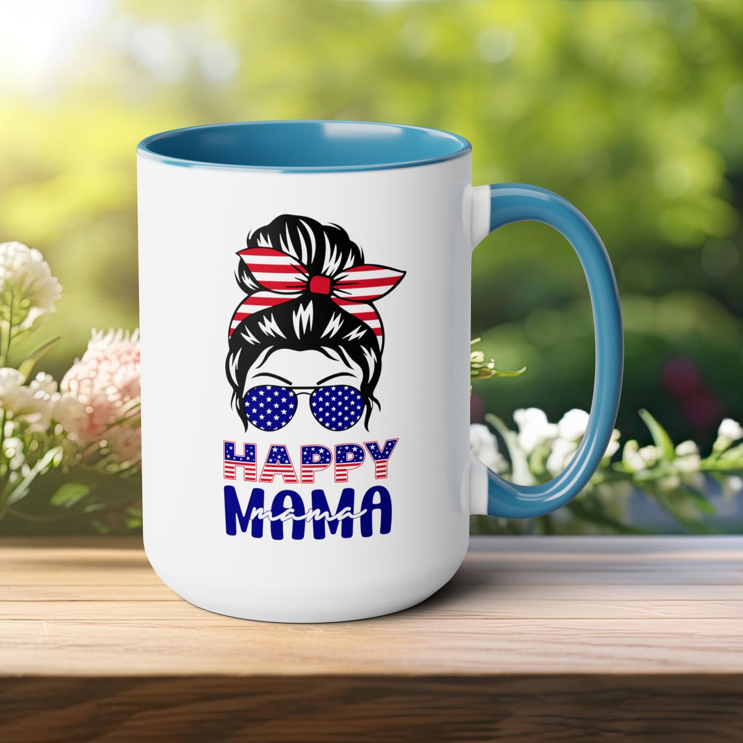 Happy 4th Of July Two -Tone Coffee Mug.15oz. Happy Independence Day Coffee Mug. America, Red White Blue, Flag,Peace Love America. Happy Mama.