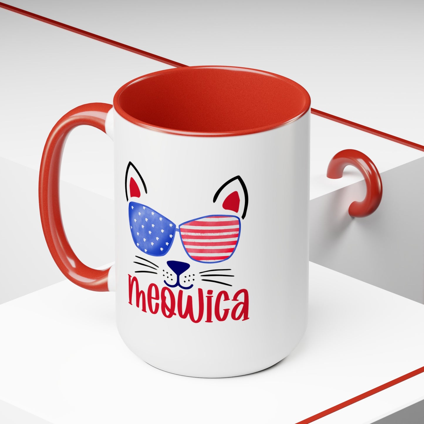 Happy 4th Of July Two -Tone Coffee Mug.15oz. Happy Independence Day Coffee Mug. America, Red White Blue, Flag,Peace Love America. Meowica coffee Mug.
