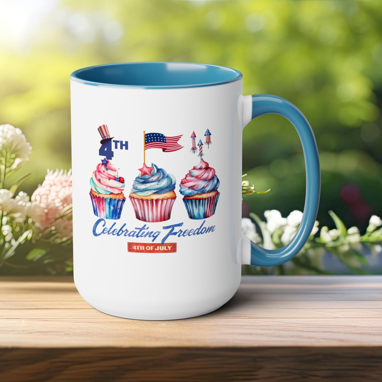 Happy 4th Of July Two -Tone Coffee Mug.15oz. Happy Independence Day Coffee Mug. America, Red White Blue, Flag,Peace Love America. Proud To Be An American