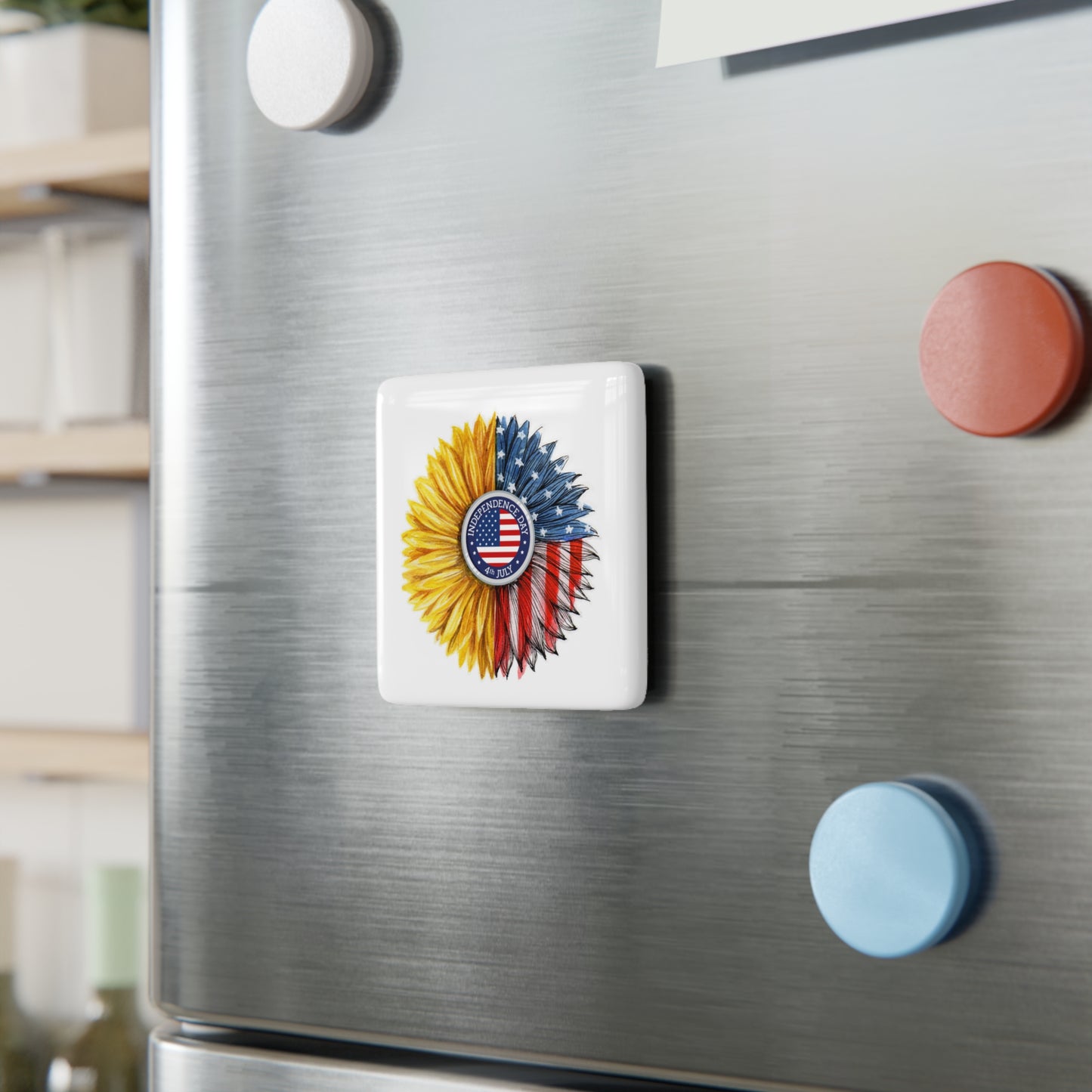 Happy 4th of July Porcelain Magnet, Square, America, Flag, Peace Love America. Proud To Be An American, Red White Blue Magnet, God Bless America Magnet.