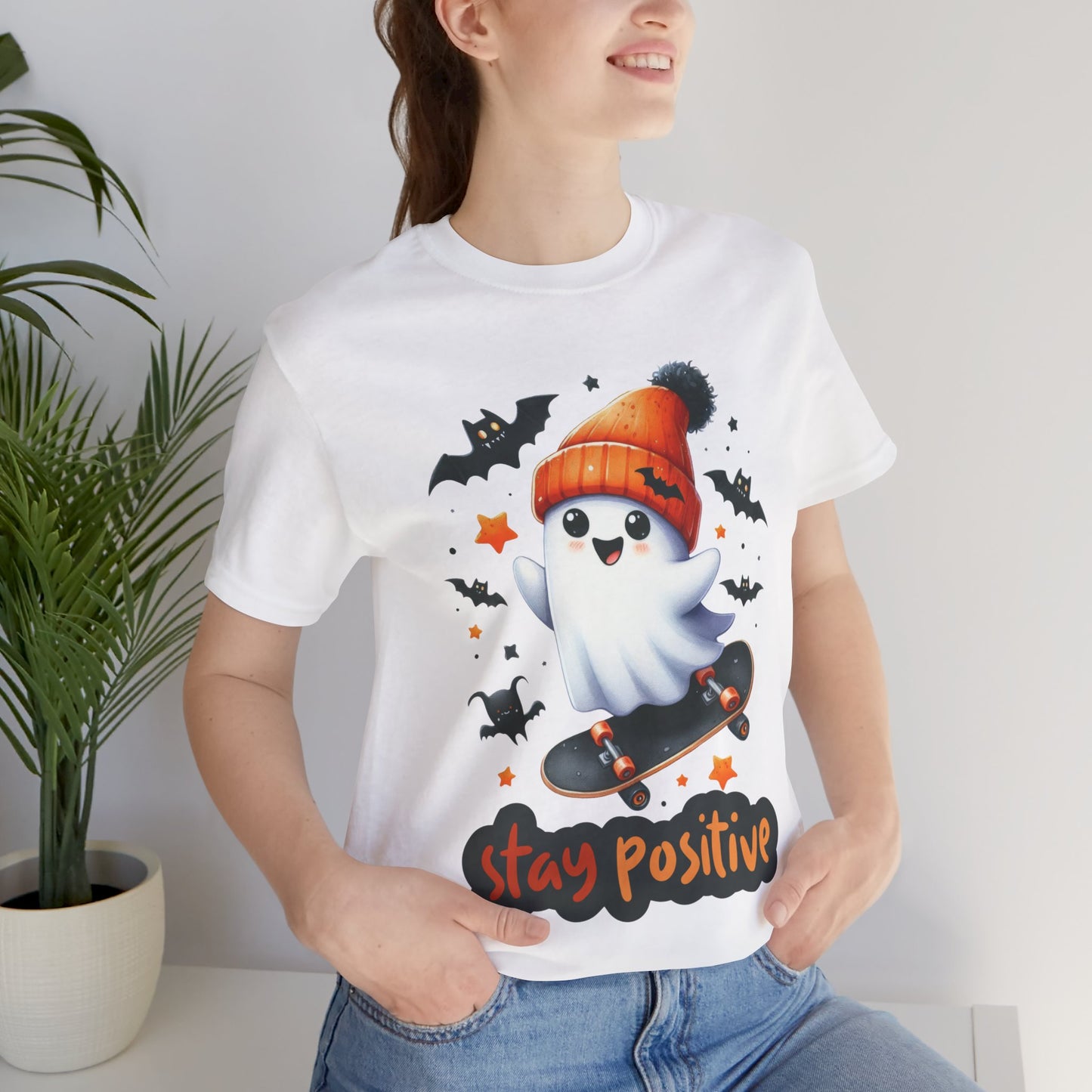 Stay Positive Cute Ghost T-shirt, Happy Halloween Skeleton T-shirt, Happy Halloween T-shirt, Trick Or Treat T-shirt, Halloween T-shirt, Cool Halloween T-shirt, Spooky T-shirt,