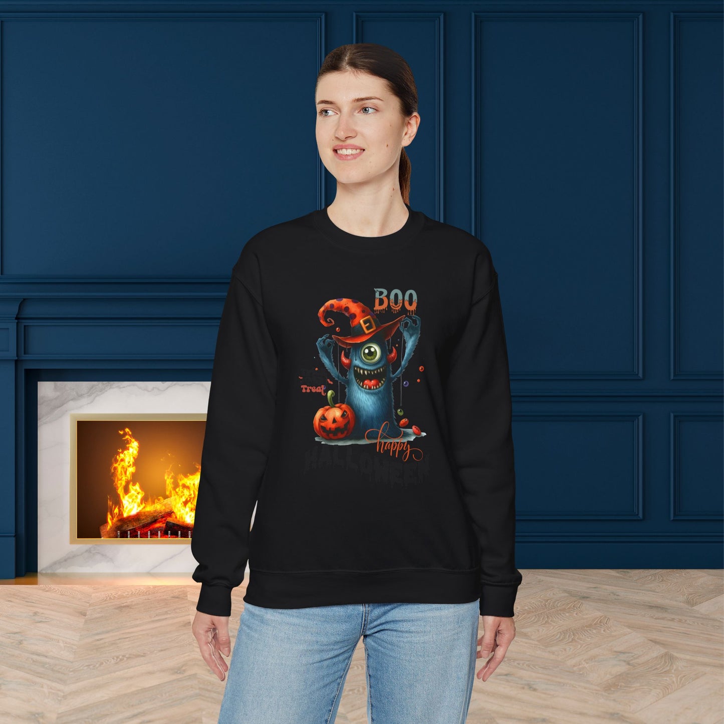 Boo Happy Halloween Sweatshirt, Happy Halloween Sweatshirt - Unisex Heavy Blend Crewneck, Halloween Sweatshirt, Cute Spooky Ghost sweatshirt.
