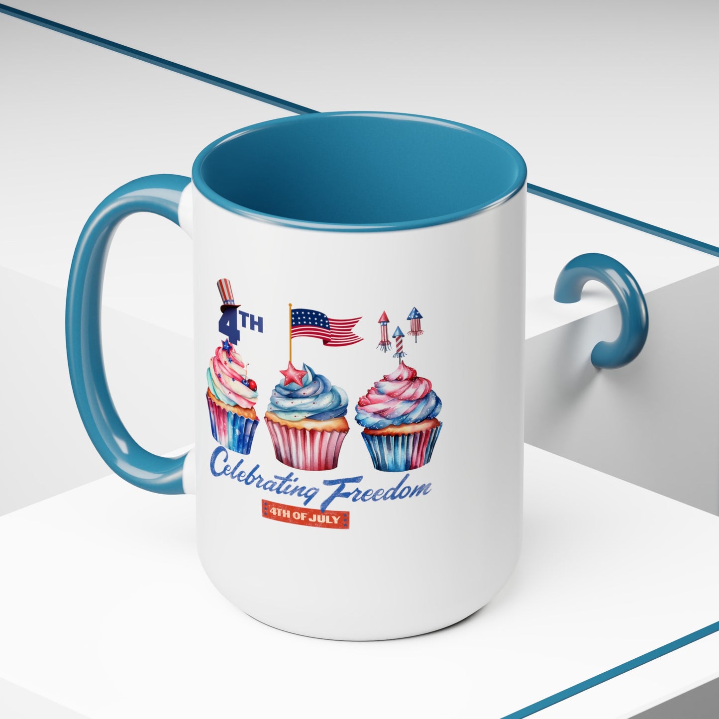 Happy 4th Of July Two -Tone Coffee Mug.15oz. Happy Independence Day Coffee Mug. America, Red White Blue, Flag,Peace Love America. Proud To Be An American