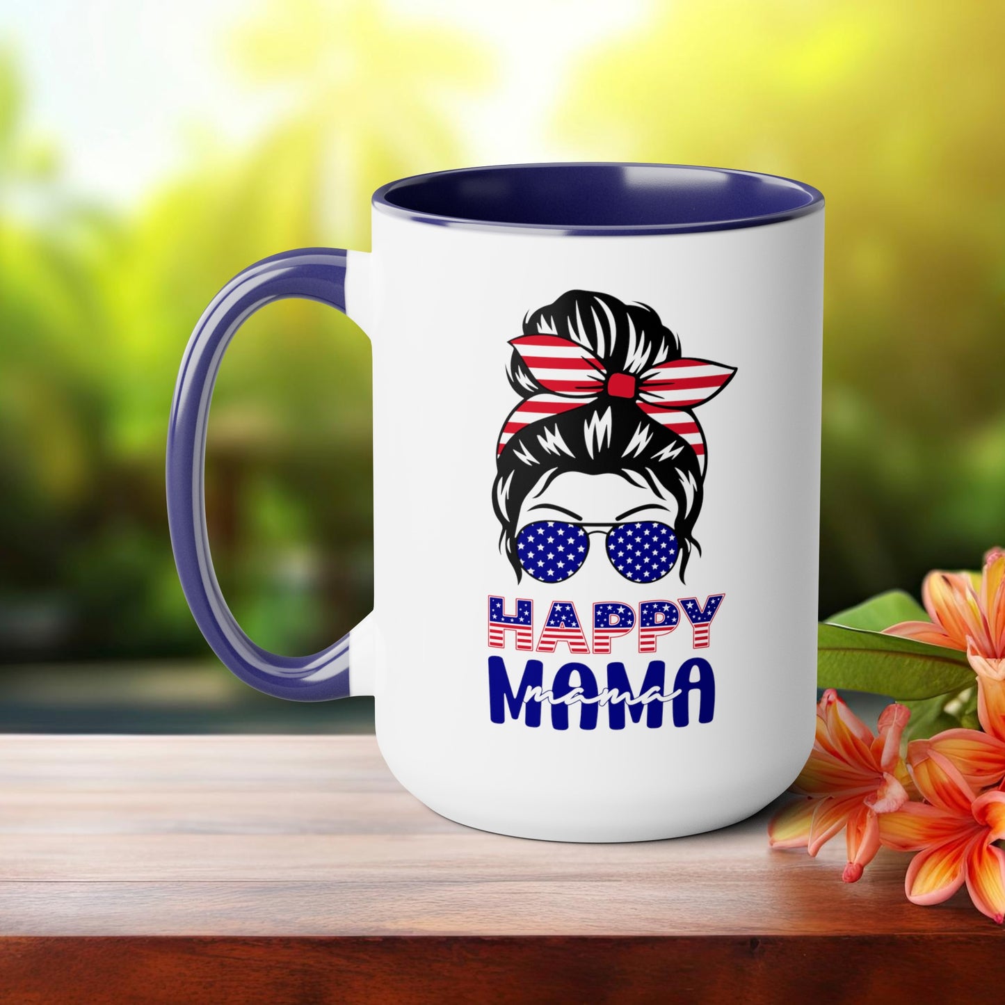 Happy 4th Of July Two -Tone Coffee Mug.15oz. Happy Independence Day Coffee Mug. America, Red White Blue, Flag,Peace Love America. Happy Mama.