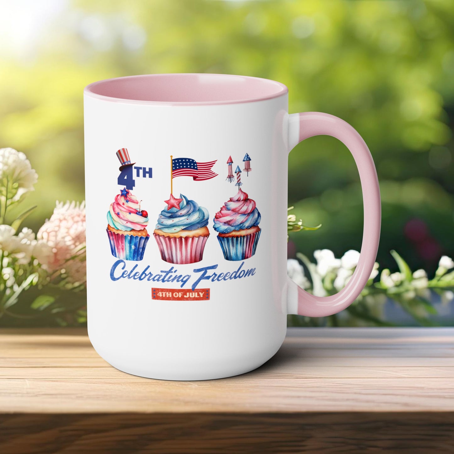 Happy 4th Of July Two -Tone Coffee Mug.15oz. Happy Independence Day Coffee Mug. America, Red White Blue, Flag,Peace Love America. Proud To Be An American