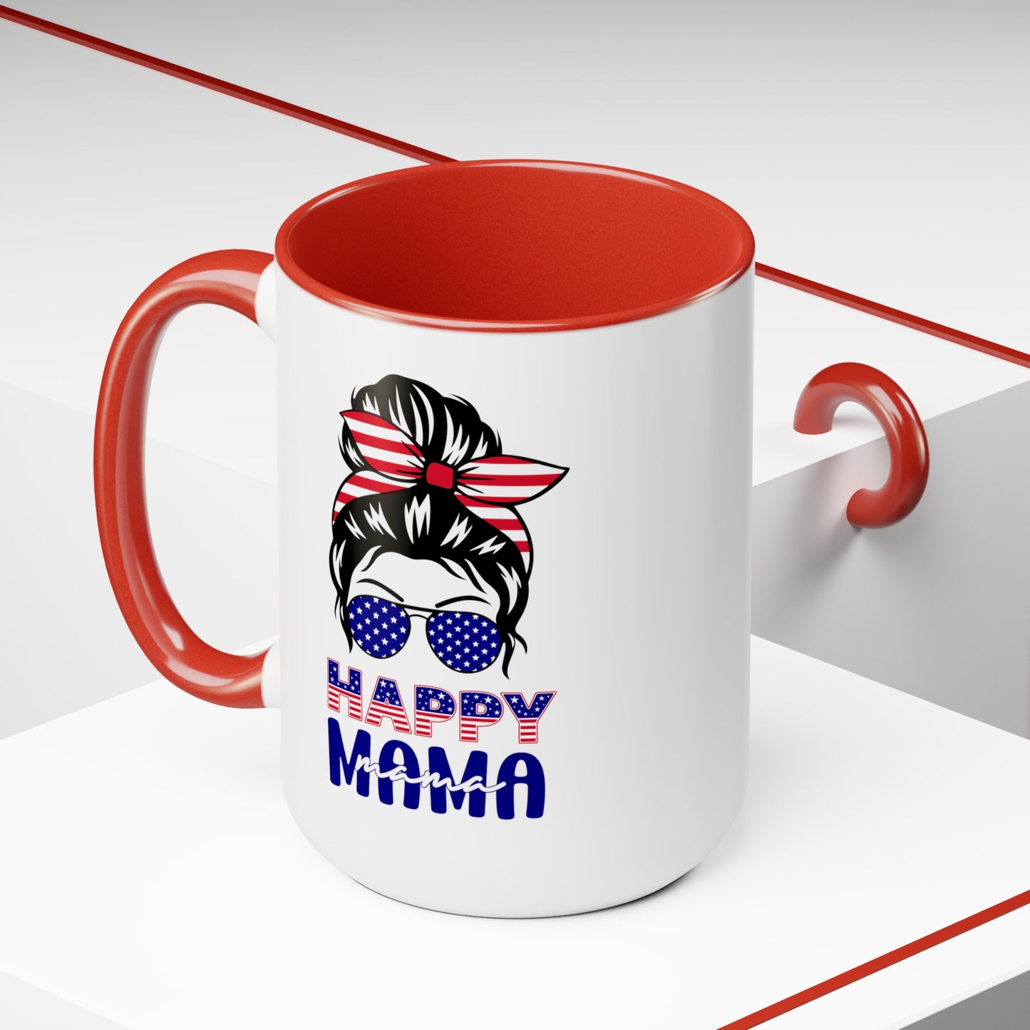 Happy 4th Of July Two -Tone Coffee Mug.15oz. Happy Independence Day Coffee Mug. America, Red White Blue, Flag,Peace Love America. Happy Mama.