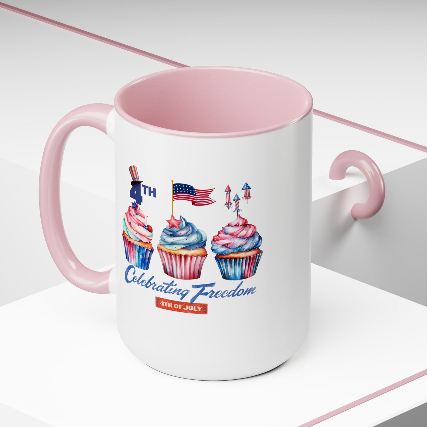 Happy 4th Of July Two -Tone Coffee Mug.15oz. Happy Independence Day Coffee Mug. America, Red White Blue, Flag,Peace Love America. Proud To Be An American