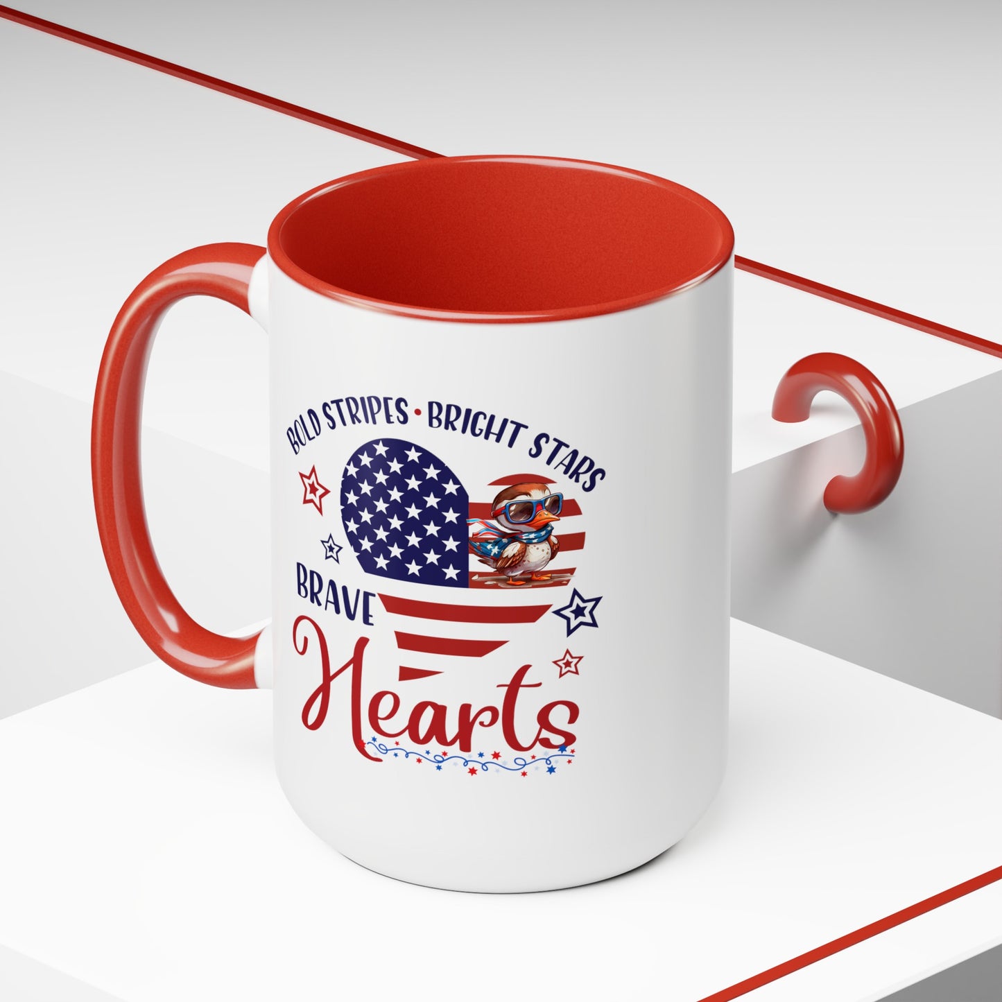 Happy 4th Of July Two -Tone Coffee Mug.15oz. Happy Independence Day Coffee Mug. America, Red White Blue, Flag,Peace Love America. Proud To Be An American