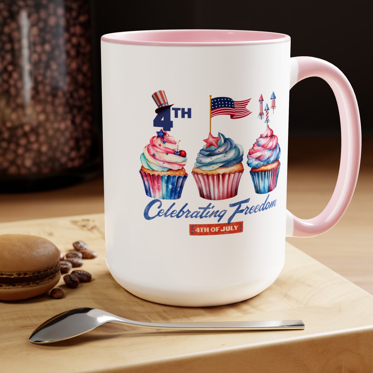 Happy 4th Of July Two -Tone Coffee Mug.15oz. Happy Independence Day Coffee Mug. America, Red White Blue, Flag,Peace Love America. Proud To Be An American