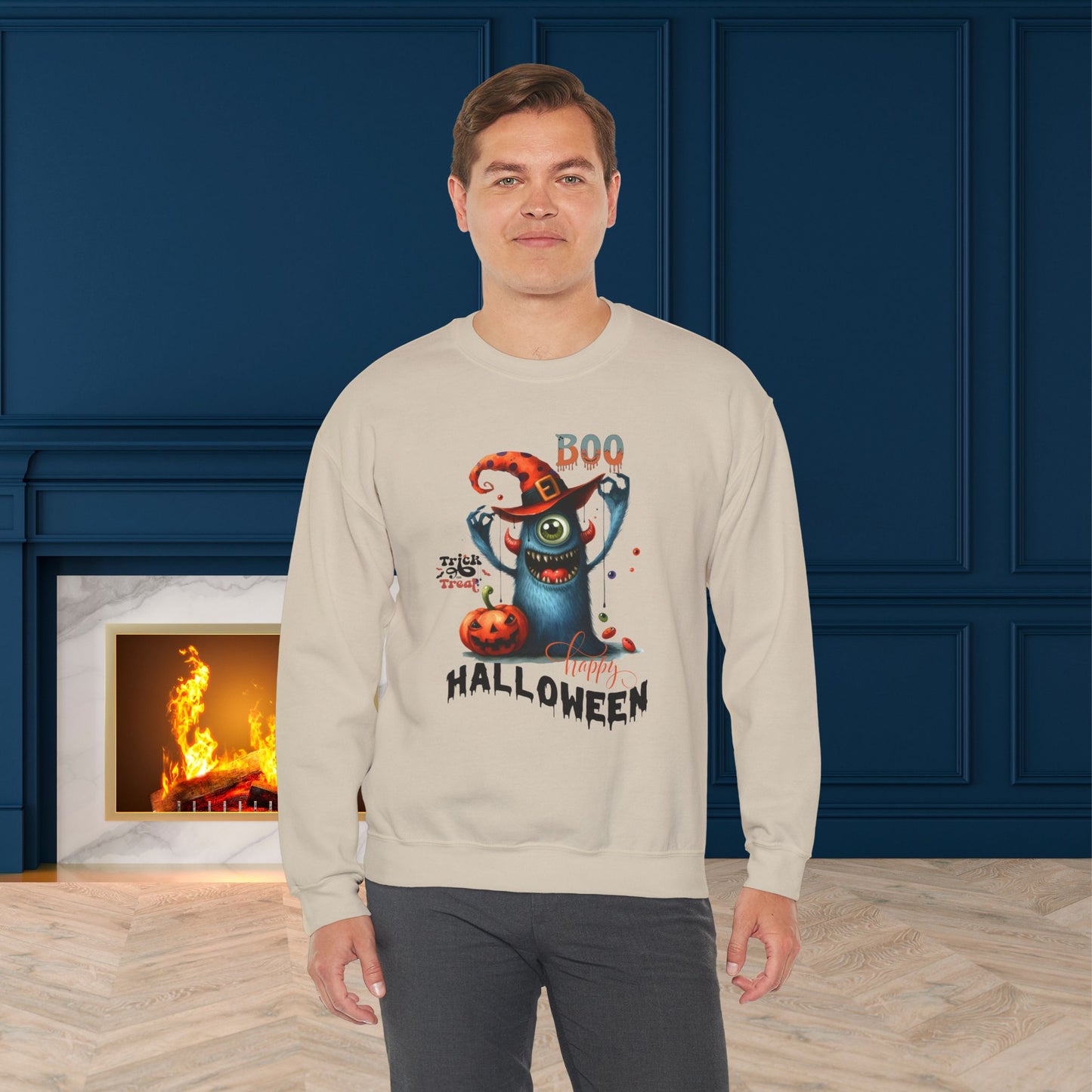 Boo Happy Halloween Sweatshirt, Happy Halloween Sweatshirt - Unisex Heavy Blend Crewneck, Halloween Sweatshirt, Cute Spooky Ghost sweatshirt.