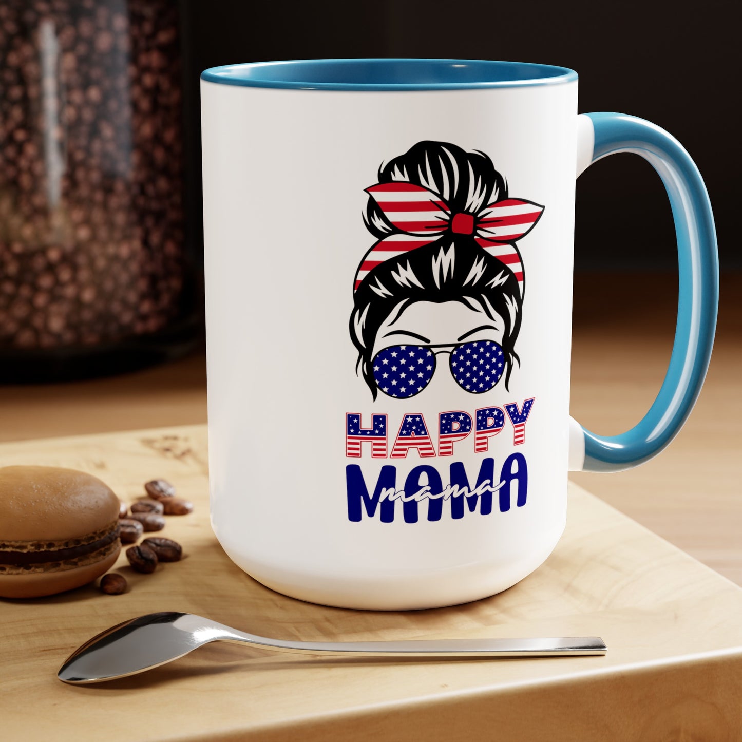Happy 4th Of July Two -Tone Coffee Mug.15oz. Happy Independence Day Coffee Mug. America, Red White Blue, Flag,Peace Love America. Happy Mama.