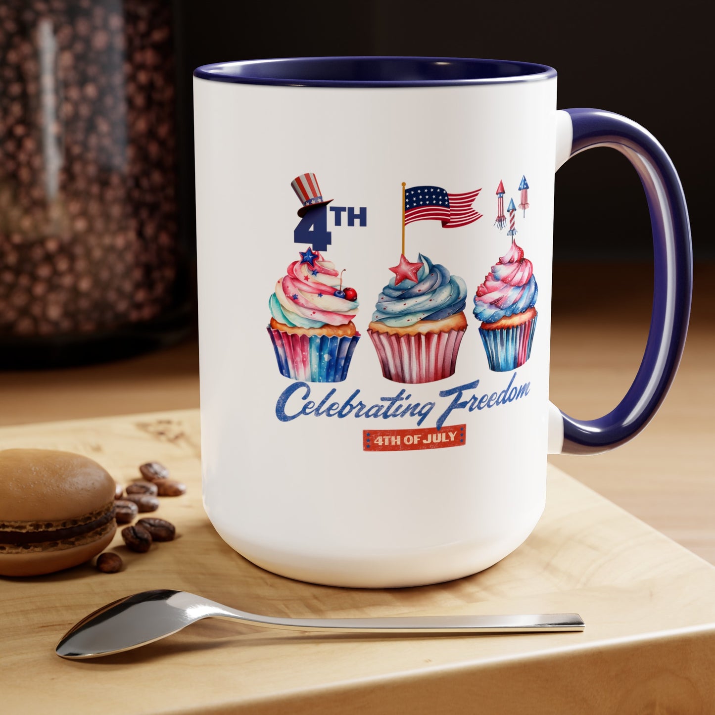 Happy 4th Of July Two -Tone Coffee Mug.15oz. Happy Independence Day Coffee Mug. America, Red White Blue, Flag,Peace Love America. Proud To Be An American