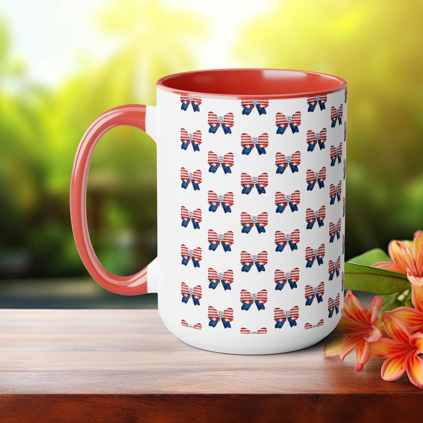 Happy 4th Of July Two -Tone Coffee Mug.15oz.America, Flag, Peace Love America. Proud To Be An American, Red White Blue mug.