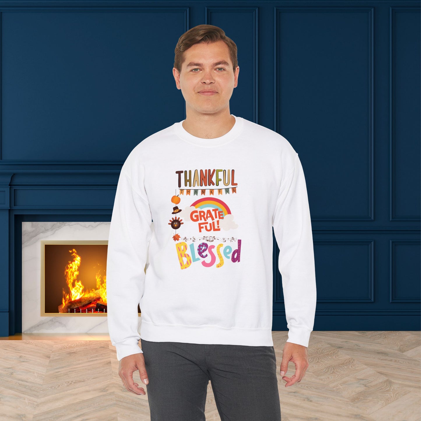 Thankful Grateful Blessed Sweatshirt, HappyThanksgiving Sweatshirt - Unisex Heavy Blend, Happy Thanksgiving2024 Sweatshirt, Thanksgiving Gift, Festive Sweatshirt.