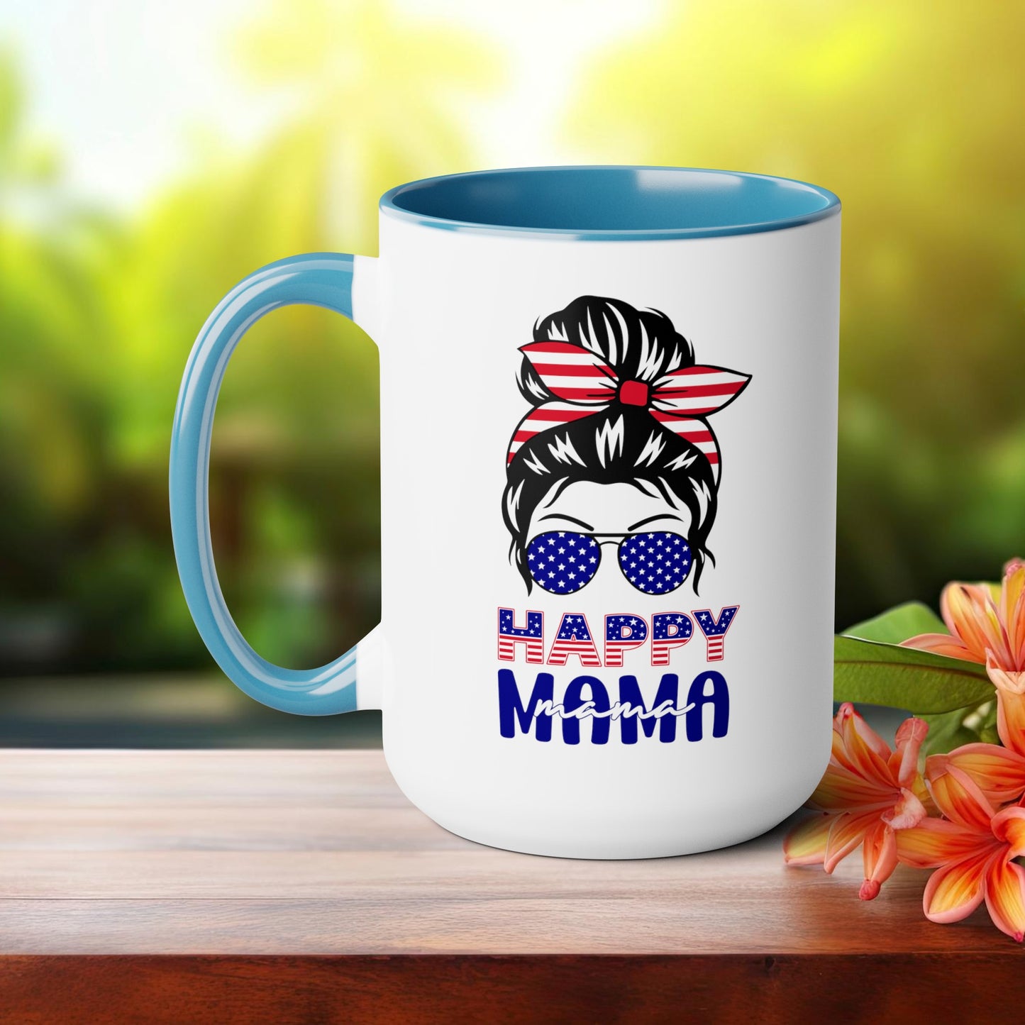 Happy 4th Of July Two -Tone Coffee Mug.15oz. Happy Independence Day Coffee Mug. America, Red White Blue, Flag,Peace Love America. Happy Mama.