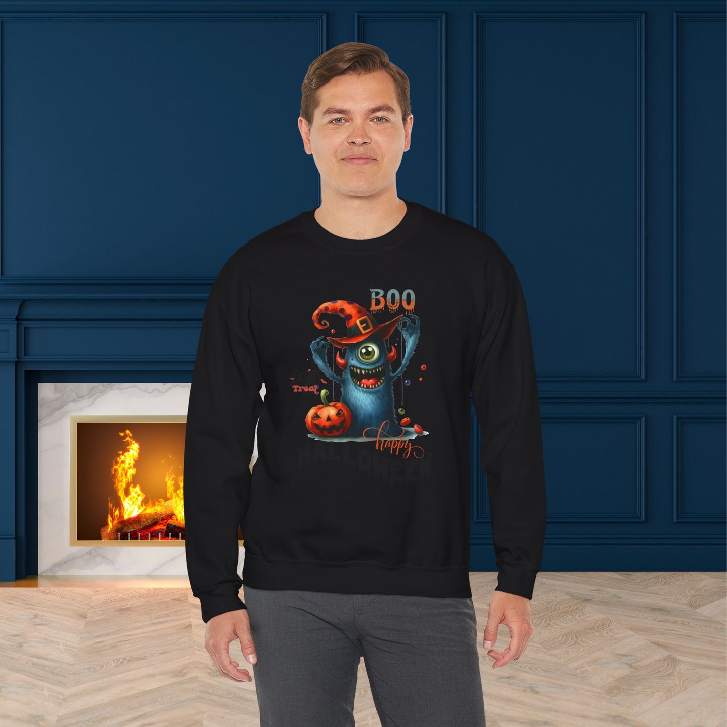 Boo Happy Halloween Sweatshirt, Happy Halloween Sweatshirt - Unisex Heavy Blend Crewneck, Halloween Sweatshirt, Cute Spooky Ghost sweatshirt.