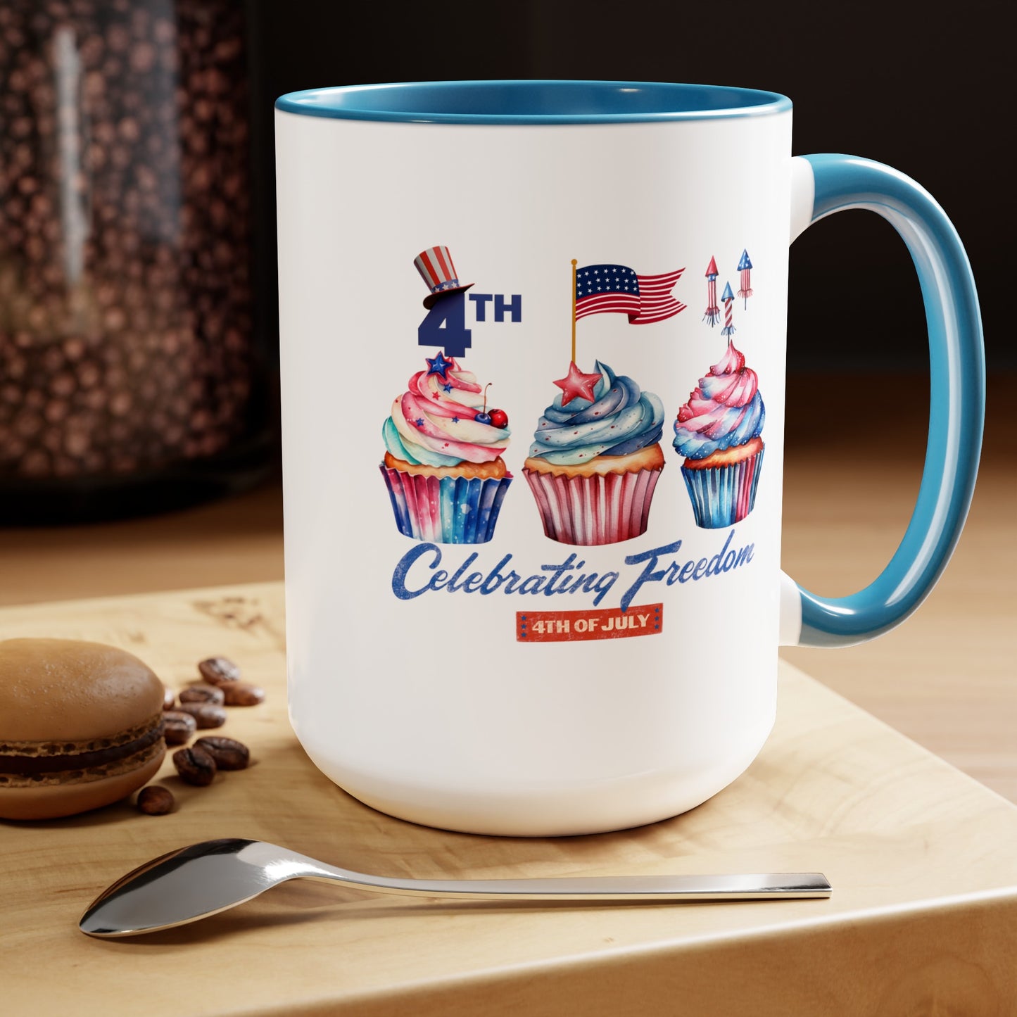Happy 4th Of July Two -Tone Coffee Mug.15oz. Happy Independence Day Coffee Mug. America, Red White Blue, Flag,Peace Love America. Proud To Be An American