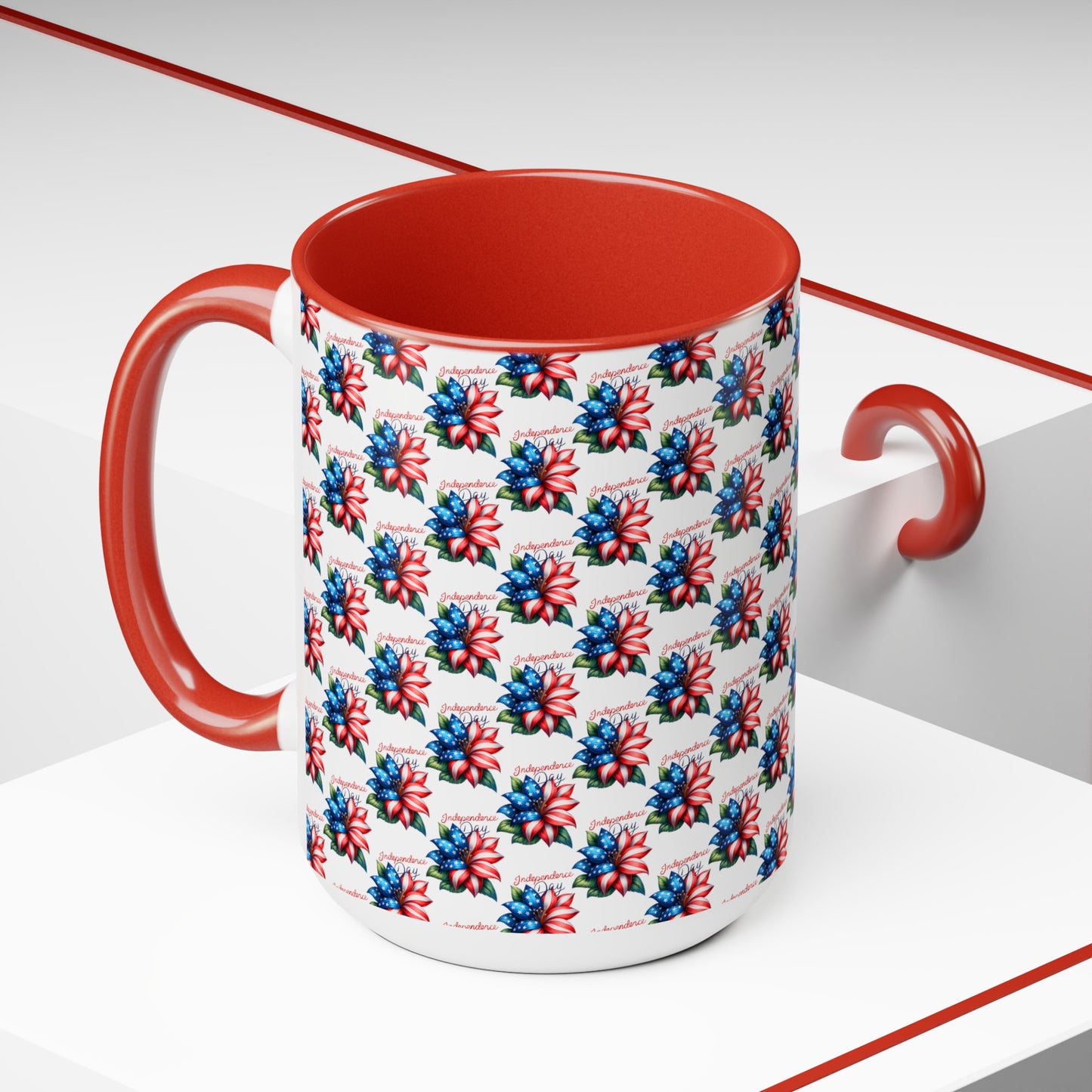 Happy 4th Of July Two -Tone Coffee Mug.15oz. Independence Day Coffee Mug. Love Peace USA.