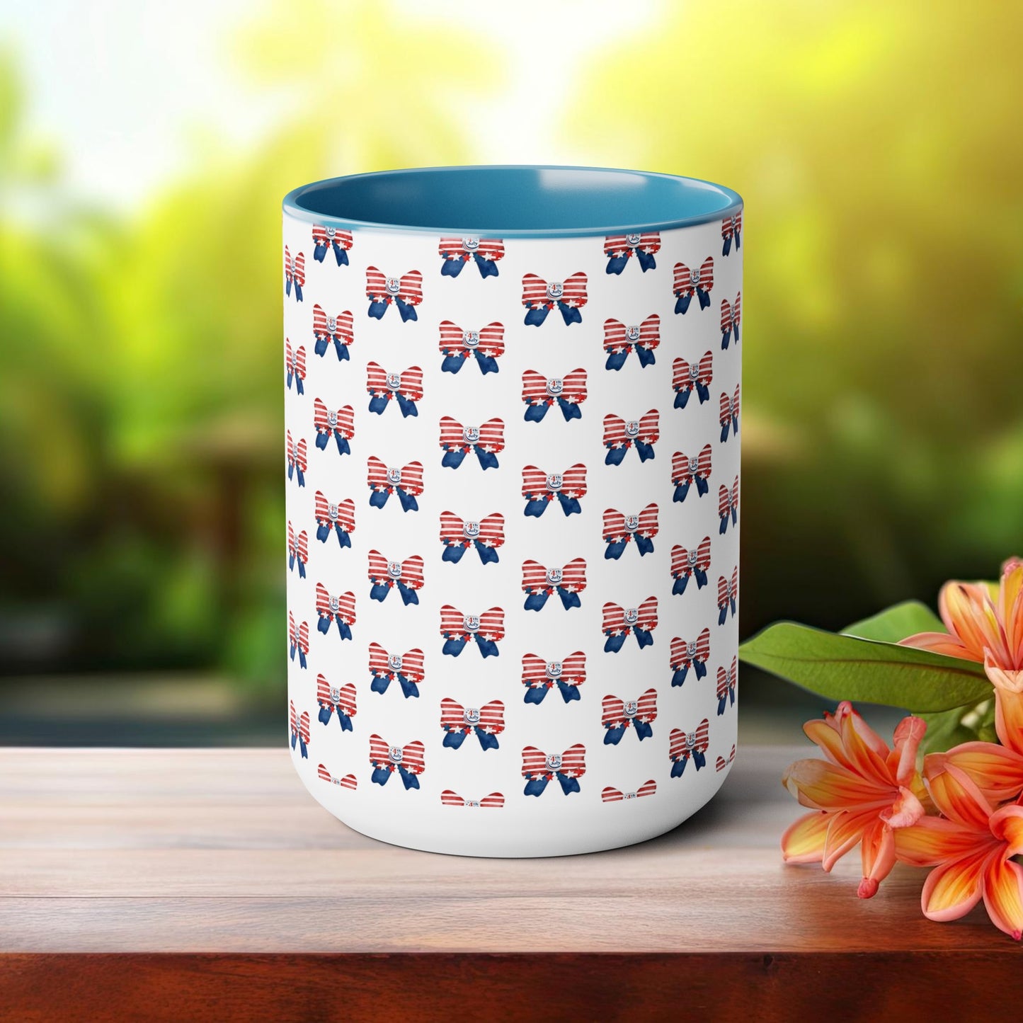 Happy 4th Of July Two -Tone Coffee Mug.15oz.America, Flag, Peace Love America. Proud To Be An American, Red White Blue mug.