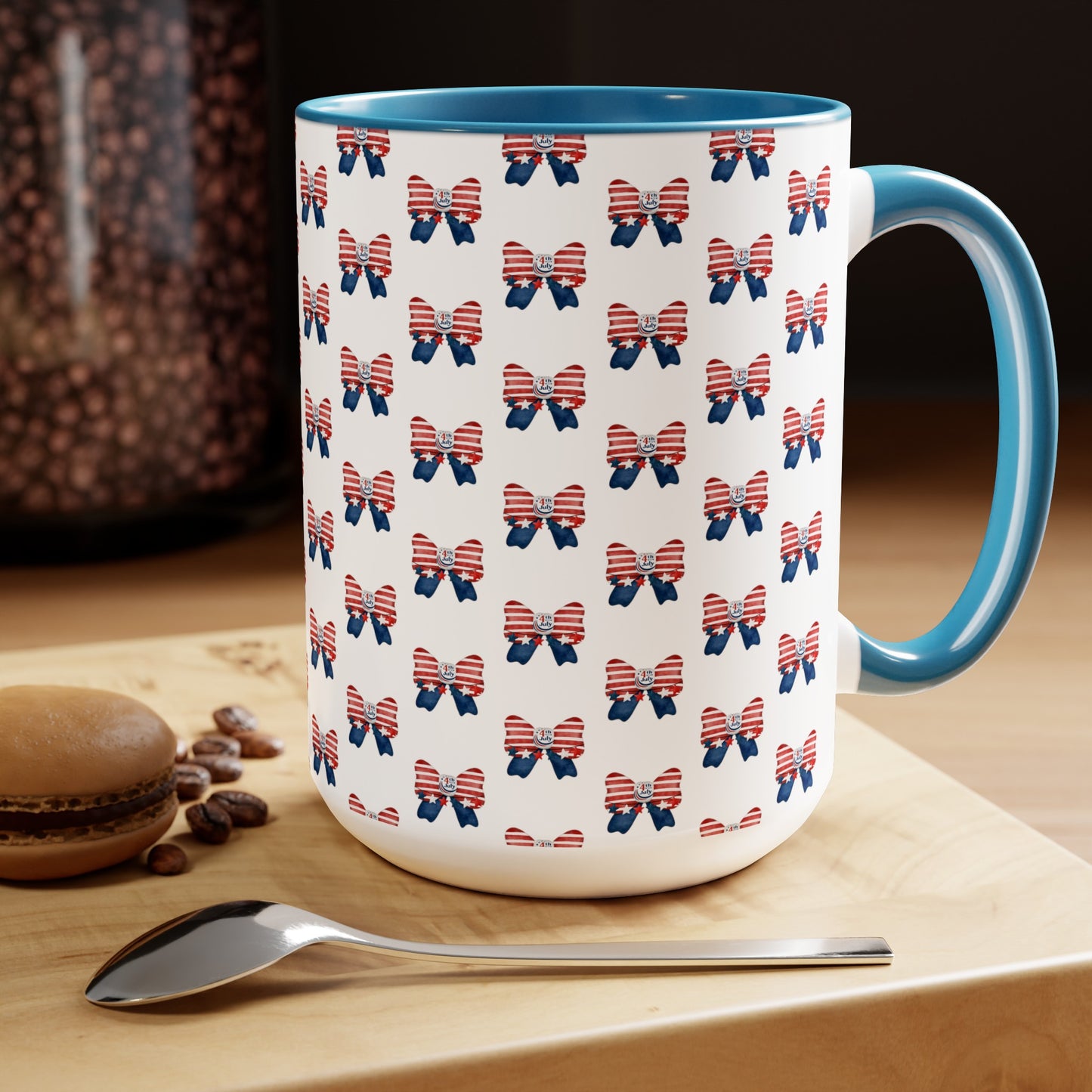 Happy 4th Of July Two -Tone Coffee Mug.15oz.America, Flag, Peace Love America. Proud To Be An American, Red White Blue mug.