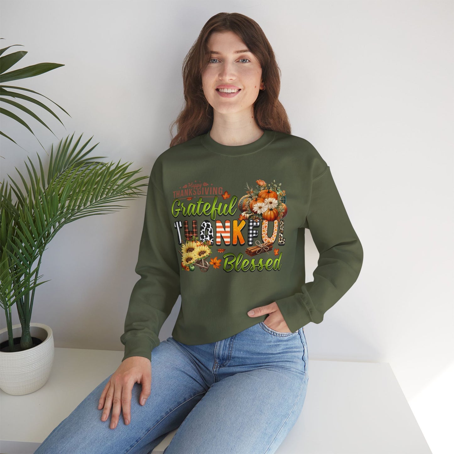 Thankful Grateful Blessed Sweatshirt, HappyThanksgiving Sweatshirt - Unisex Heavy Blend, Happy Thanksgiving2024 Sweatshirt, Thanksgiving Gift, Festive Sweatshirt.