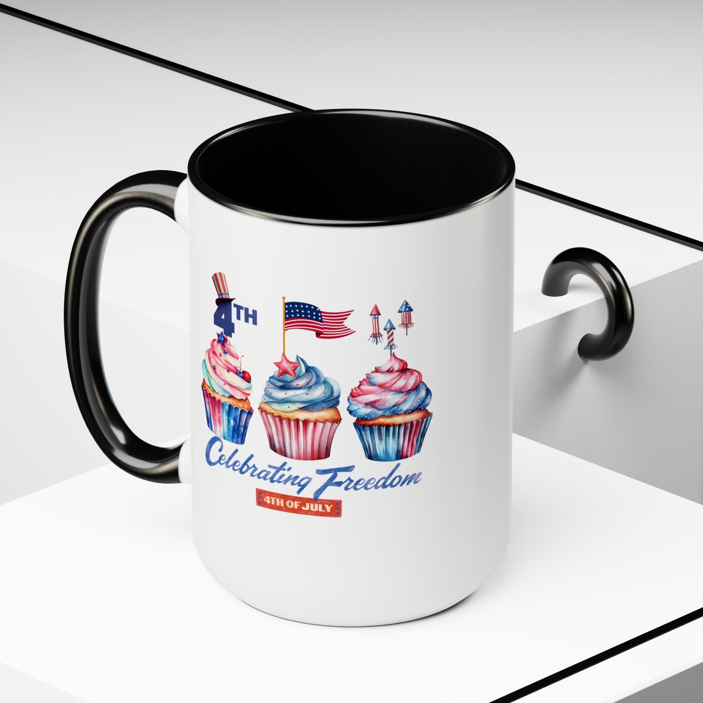 Happy 4th Of July Two -Tone Coffee Mug.15oz. Happy Independence Day Coffee Mug. America, Red White Blue, Flag,Peace Love America. Proud To Be An American