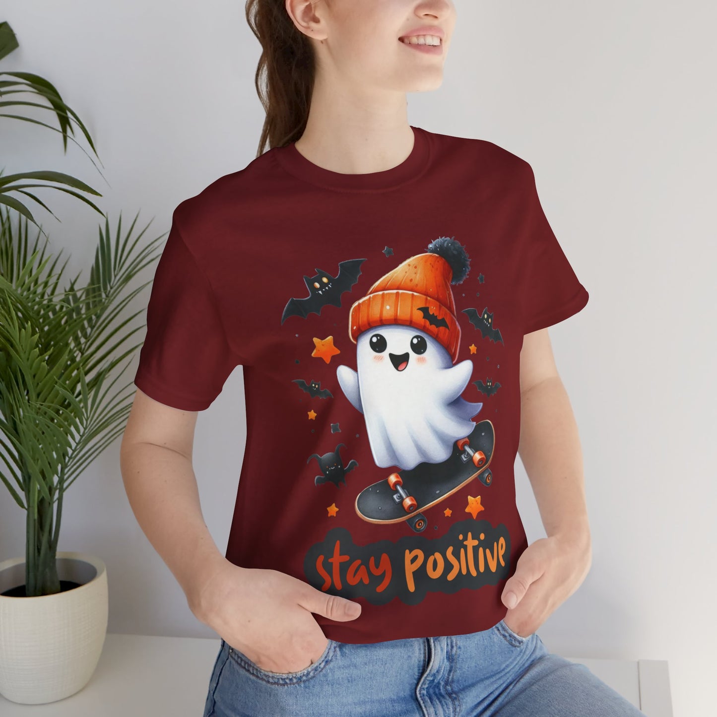 Stay Positive Cute Ghost T-shirt, Happy Halloween Skeleton T-shirt, Happy Halloween T-shirt, Trick Or Treat T-shirt, Halloween T-shirt, Cool Halloween T-shirt, Spooky T-shirt,