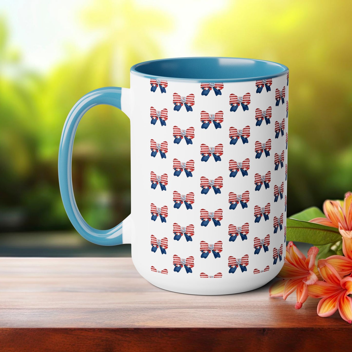 Happy 4th Of July Two -Tone Coffee Mug.15oz.America, Flag, Peace Love America. Proud To Be An American, Red White Blue mug.
