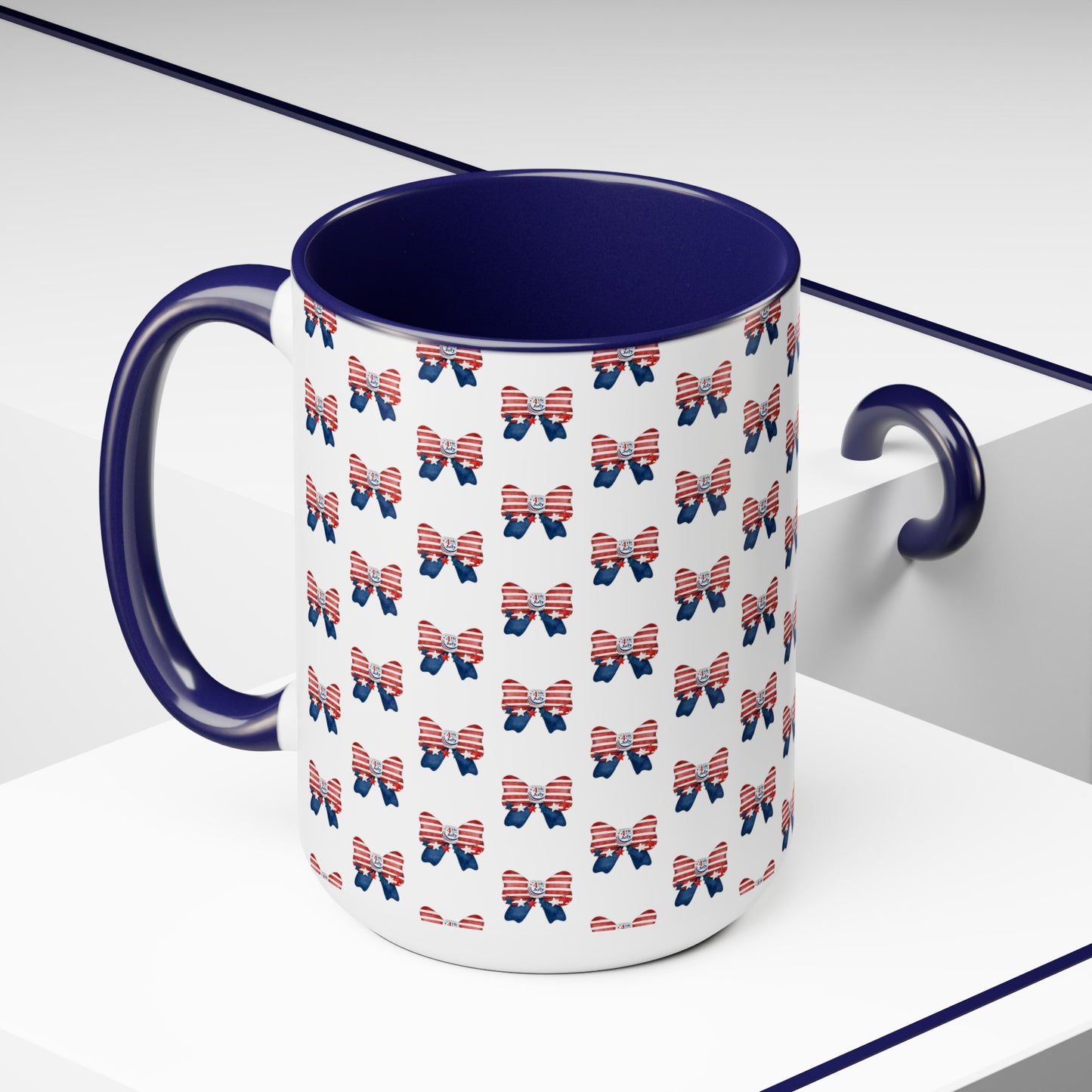 Happy 4th Of July Two -Tone Coffee Mug.15oz.America, Flag, Peace Love America. Proud To Be An American, Red White Blue mug.