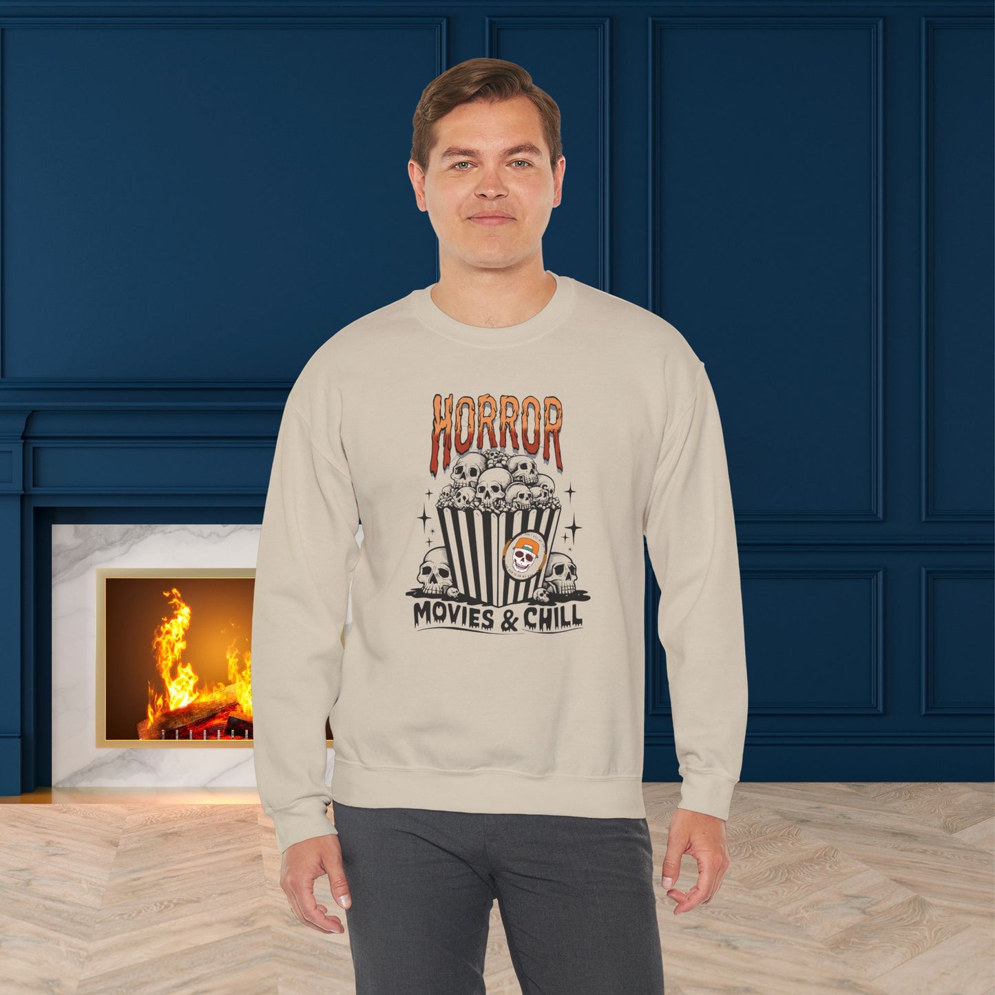 Horror Movies & Chill Sweatshirt, Happy Halloween Sweatshirt - Unisex Heavy Blend Crewneck, Halloween Sweatshirt, Cute Spooky Ghost sweatshirt.