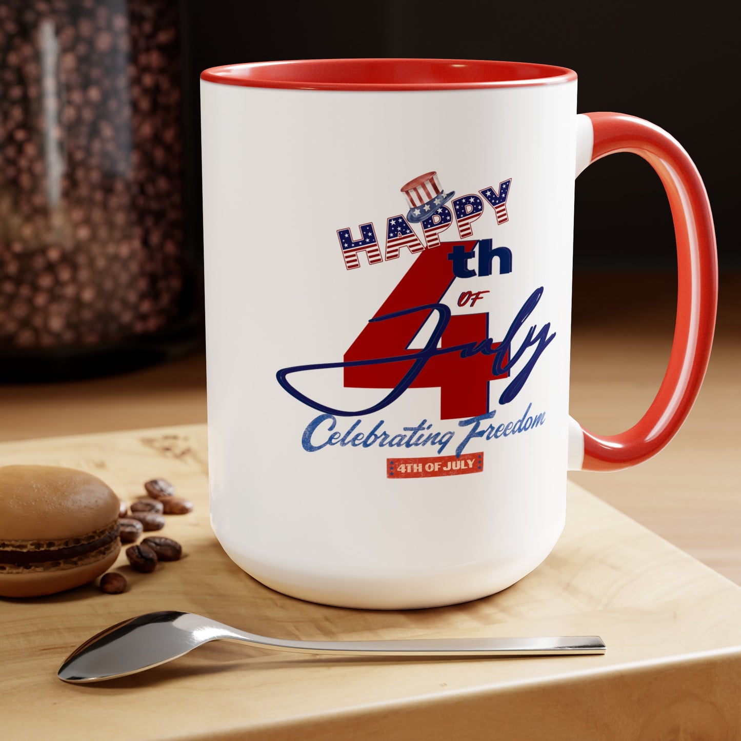 Happy 4th Of July Two -Tone Coffee Mug.15oz. Happy Independence Day Coffee Mug. America, Red White Blue, Flag,Peace Love America. Proud To Be An American