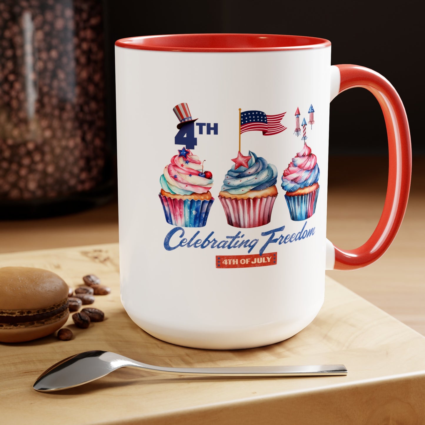 Happy 4th Of July Two -Tone Coffee Mug.15oz. Happy Independence Day Coffee Mug. America, Red White Blue, Flag,Peace Love America. Proud To Be An American