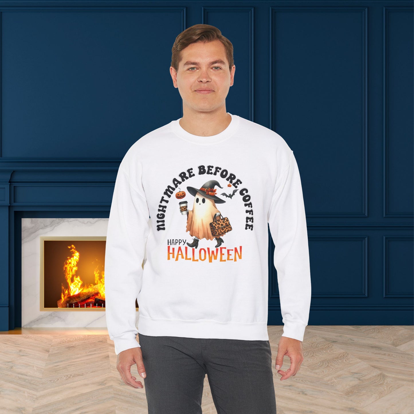 Nightmare Before coffee Happy Halloween Sweatshirt, Happy Halloween Sweatshirt - Unisex Heavy Blend Crewneck, Halloween Sweatshirt, Cute Spooky Ghost sweatshirt.