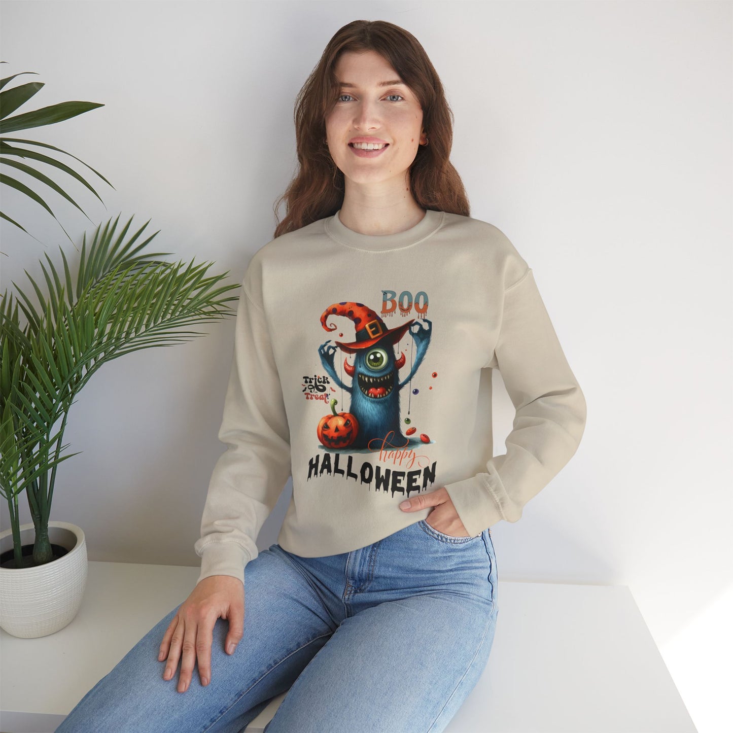 Boo Happy Halloween Sweatshirt, Happy Halloween Sweatshirt - Unisex Heavy Blend Crewneck, Halloween Sweatshirt, Cute Spooky Ghost sweatshirt.