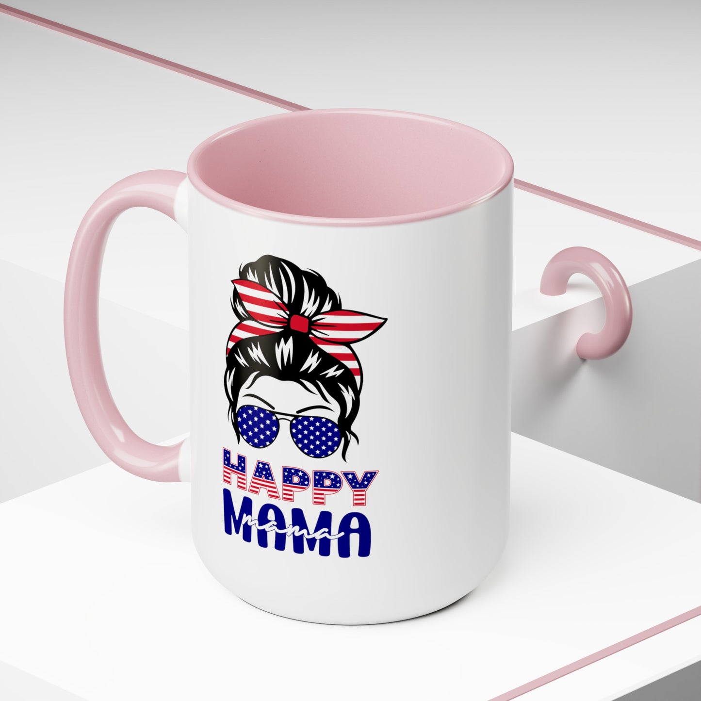 Happy 4th Of July Two -Tone Coffee Mug.15oz. Happy Independence Day Coffee Mug. America, Red White Blue, Flag,Peace Love America. Happy Mama.