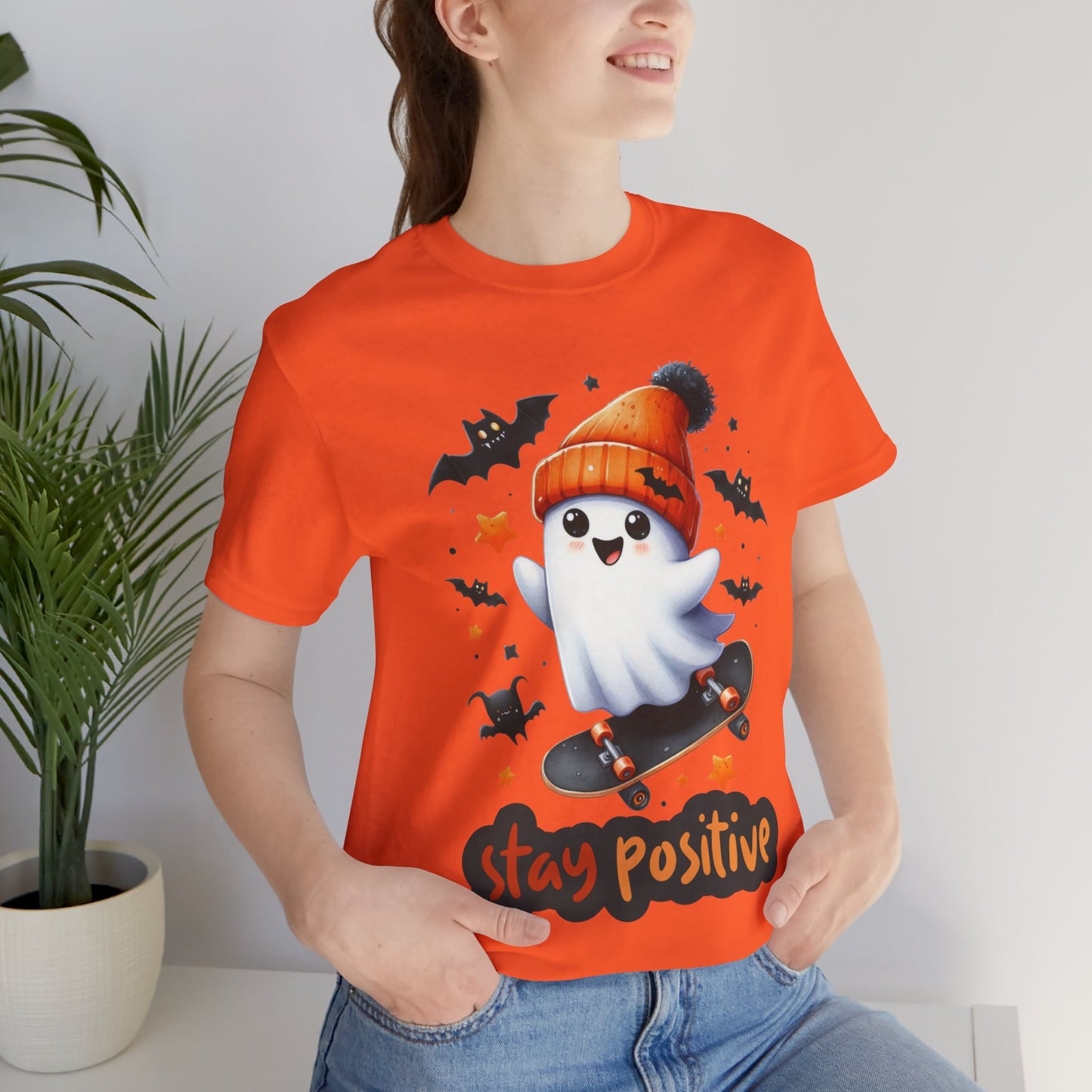 Stay Positive Cute Ghost T-shirt, Happy Halloween Skeleton T-shirt, Happy Halloween T-shirt, Trick Or Treat T-shirt, Halloween T-shirt, Cool Halloween T-shirt, Spooky T-shirt,